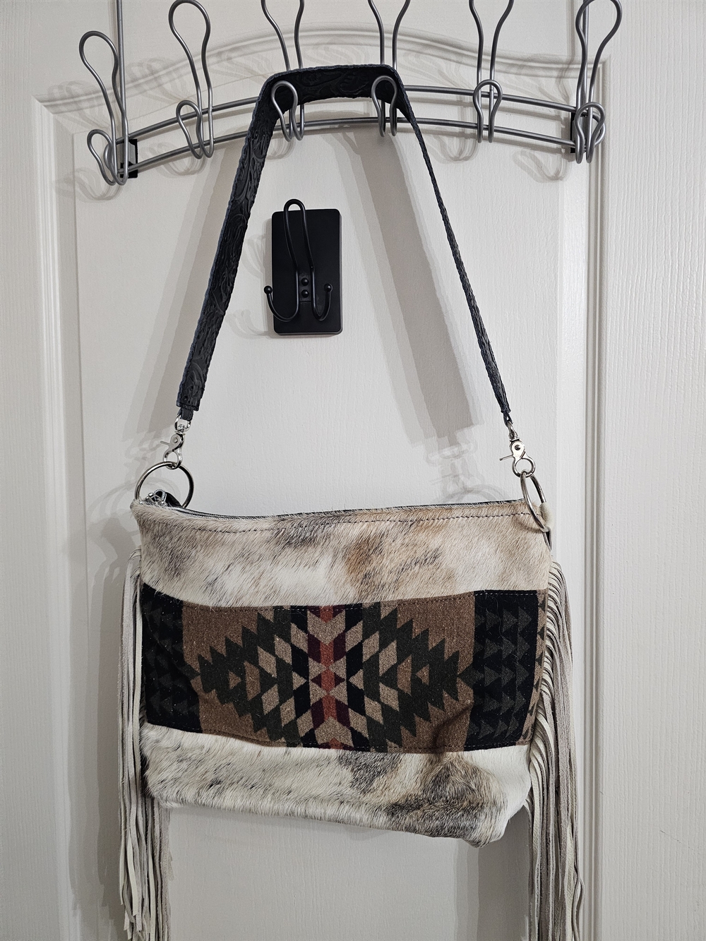 Fringe Haircalf Shoulder Bag with Southwestern Panel in Brown/Black/Cream